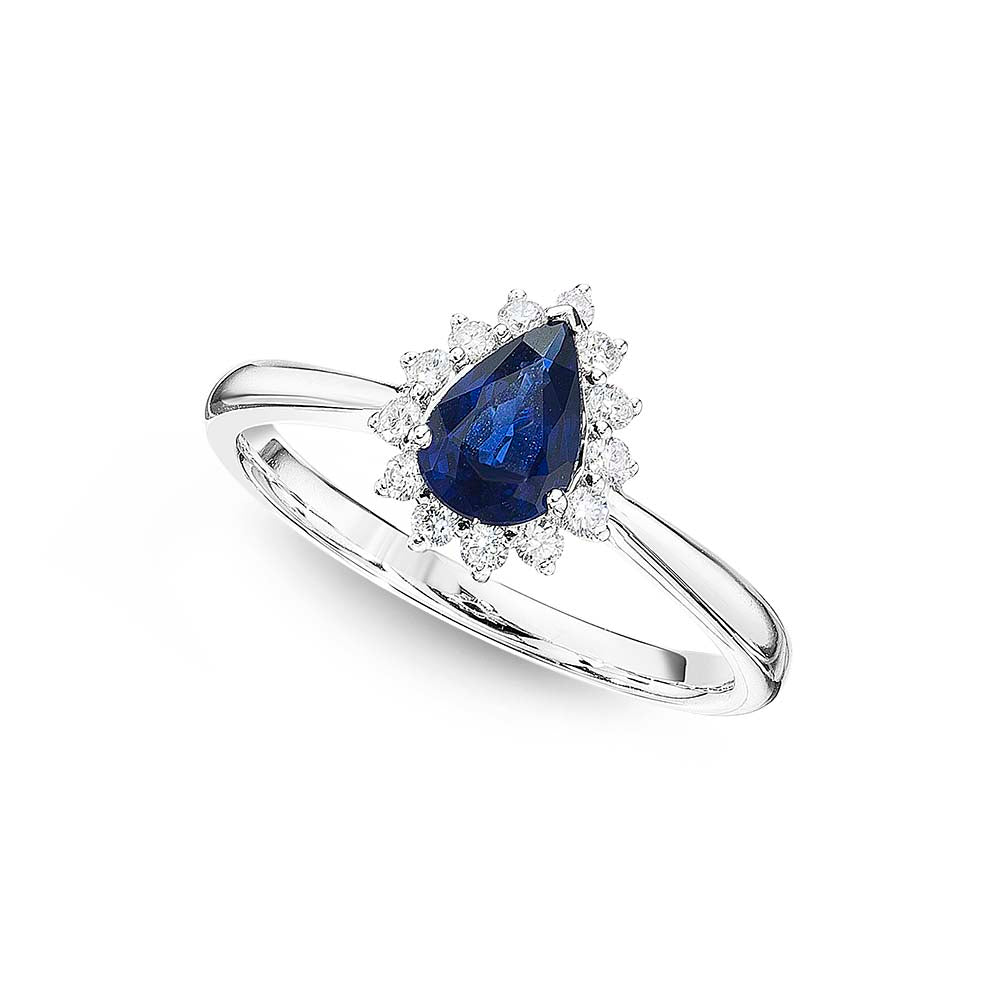 Sapphire Ring 5x7mm Pear Sapphire & 0.20ct Diamonds in 18K White Gold 