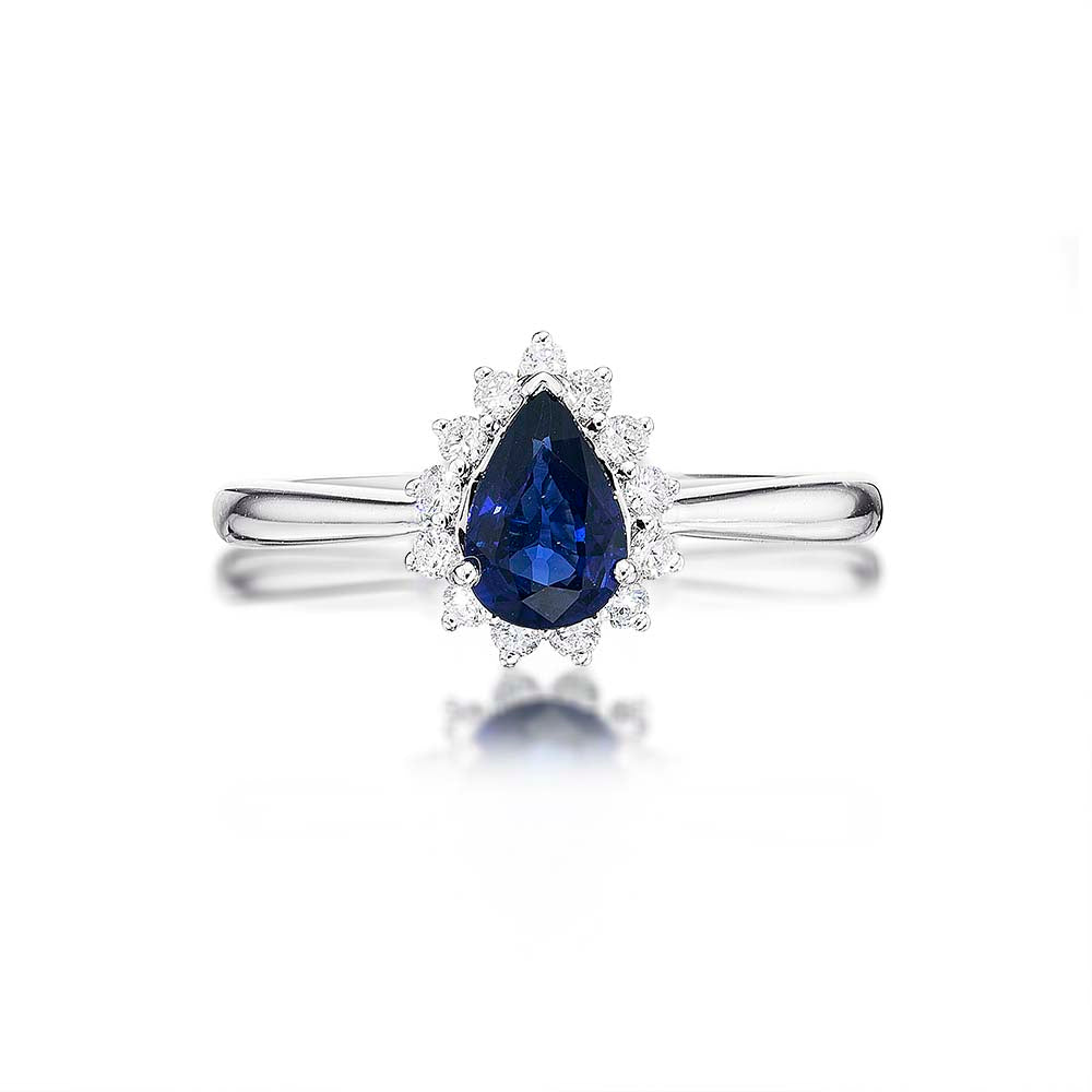 Sapphire Ring 5x7mm Pear Sapphire & 0.20ct Diamonds in 18K White Gold 