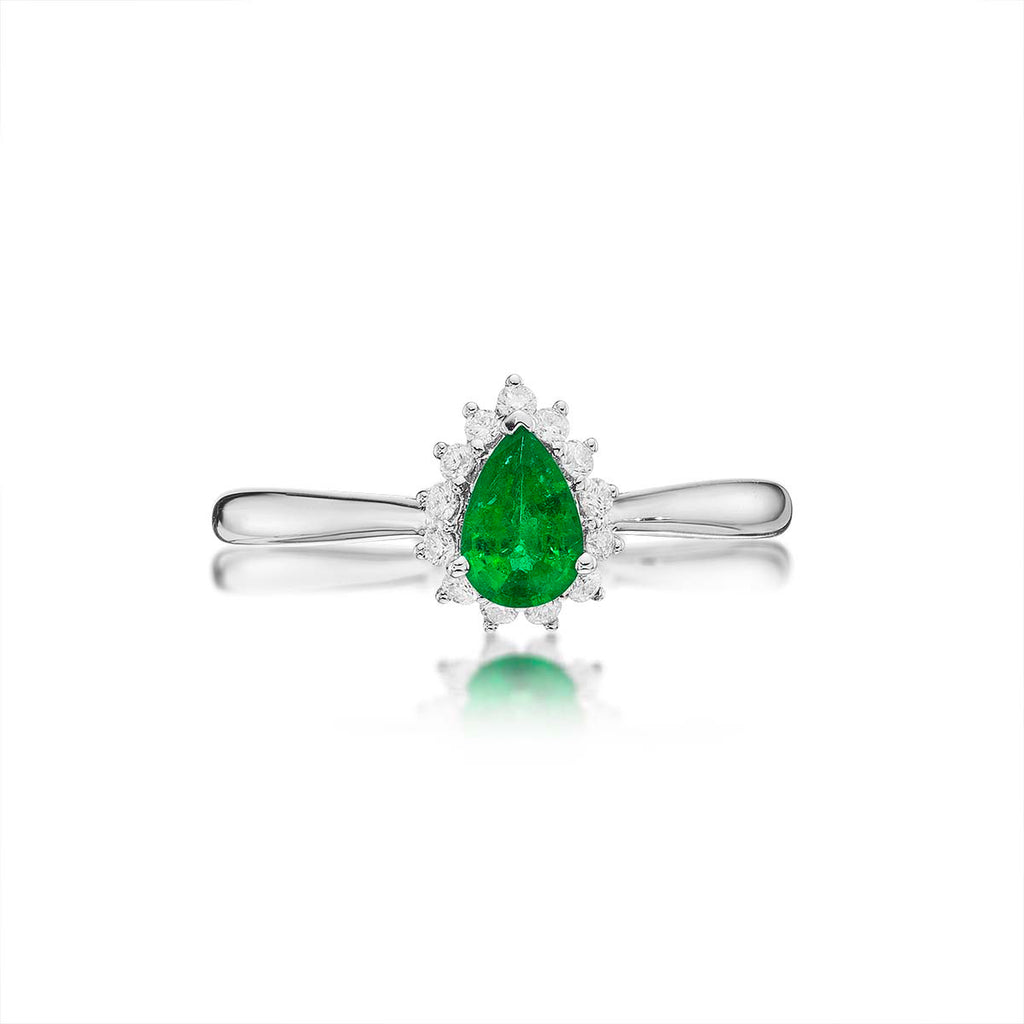 Emerald Ring 4x6mm Pear Emerald & 0.13ct Diamonds in 18K White Gold