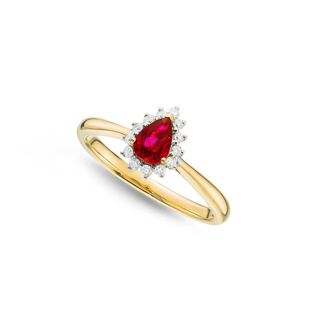 Ruby Ring 4x6mm Pear Ruby & 0.13ct Diamonds in 18K Yellow Gold