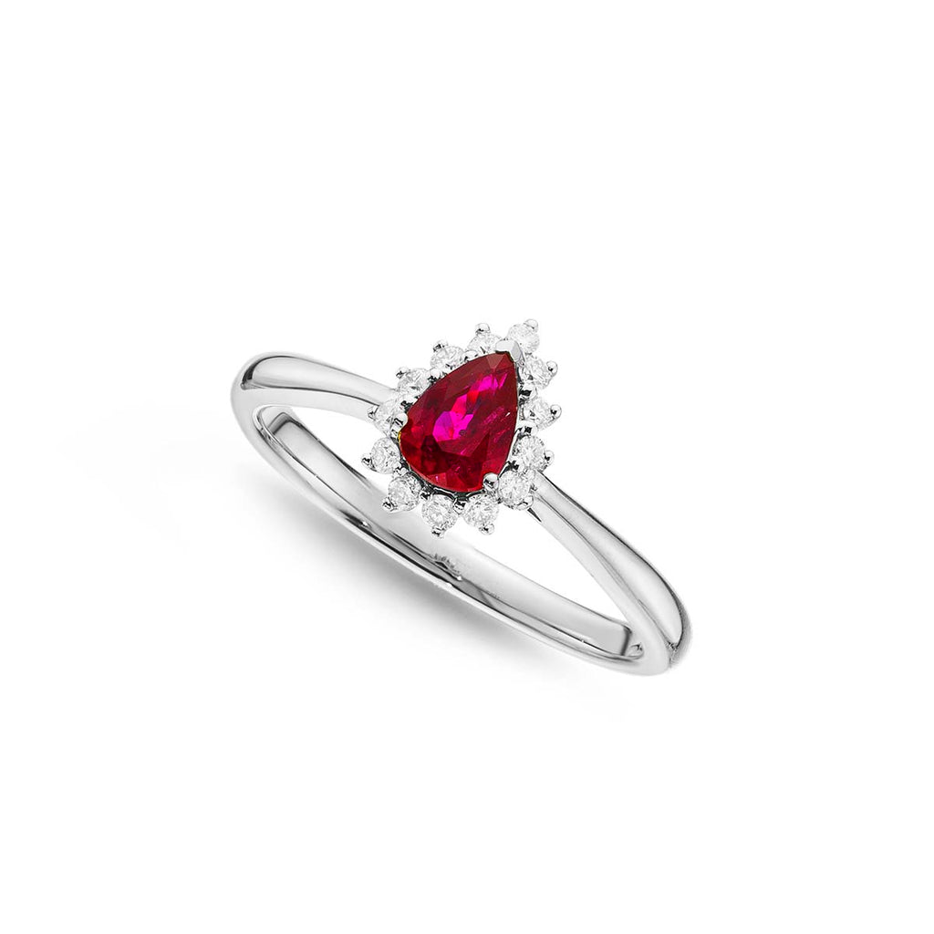 Ruby Ring 4x6mm Pear Ruby & 0.13ct Diamonds in 18K White Gold