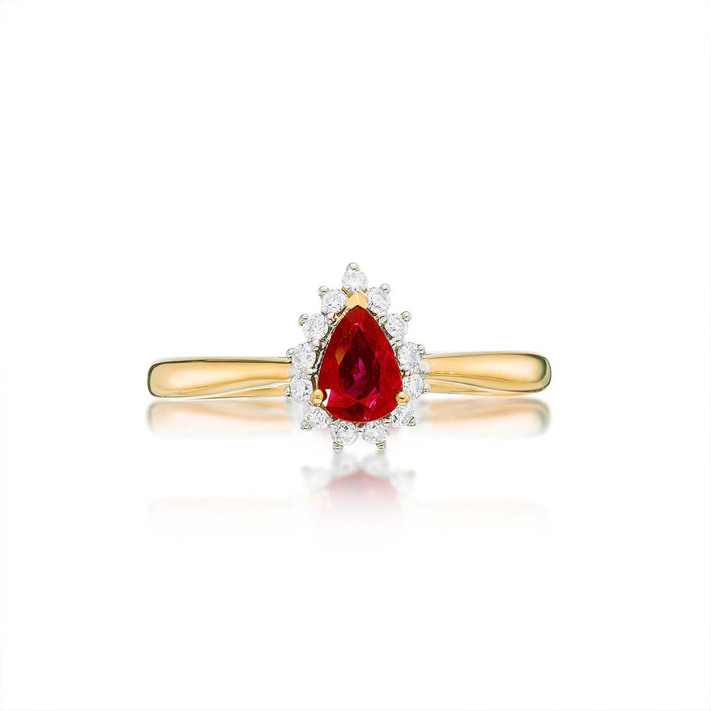 Ruby Ring 4x6mm Pear Ruby & 0.13ct Diamonds in 18K Yellow Gold