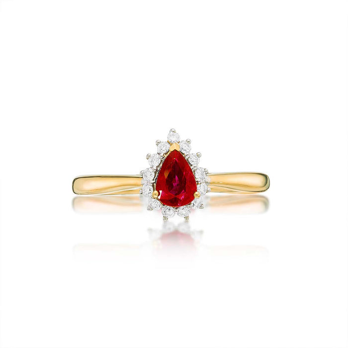 Ruby Ring 4x6mm Pear Ruby & 0.13ct Diamonds in 18K Yellow Gold