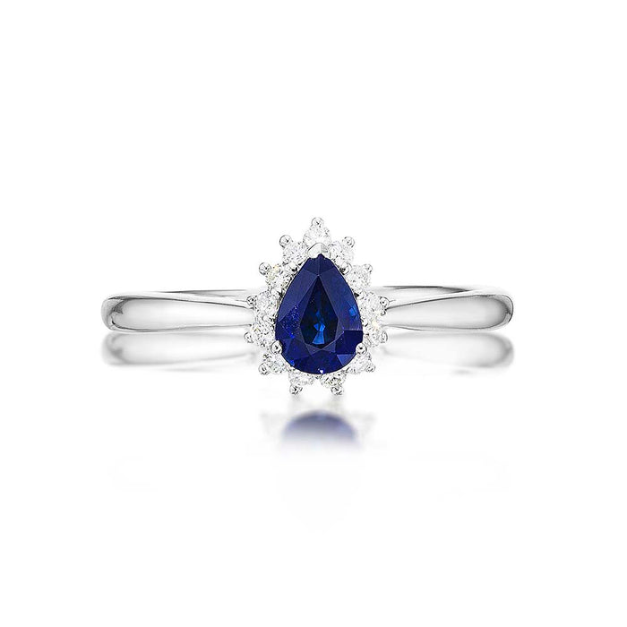 Sapphire Ring 4x6mm Pear Sapphire & 0.13ct Diamonds in 18K White Gold