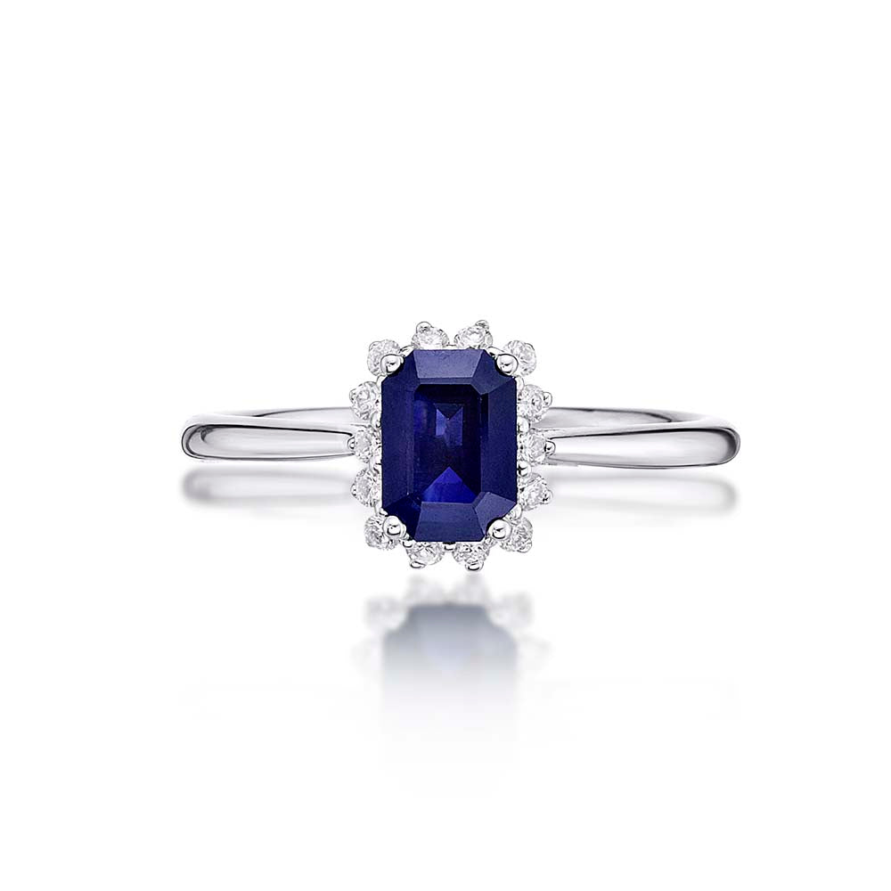 Sapphire Ring 4x6mm Sapphire & 0.14ct Diamonds in 18K White Gold