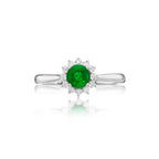Emerald Ring 5mm Round Emerald & 0.18ct Diamond Halo 18K White Gold