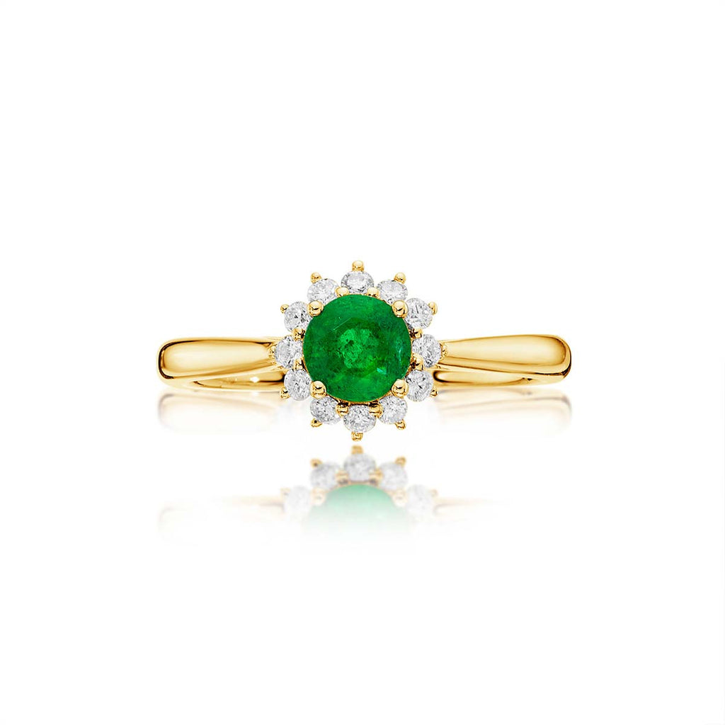 Emerald Ring 5mm Round Emerald & 0.18ct Diamond Halo 18K White Gold