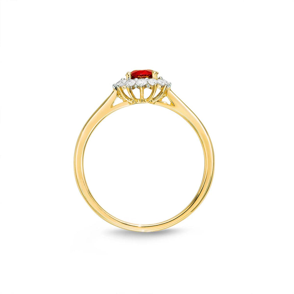 Ruby Ring 5mm Round Ruby & 0.18ct Diamond Halo in 18K Yellow Gold