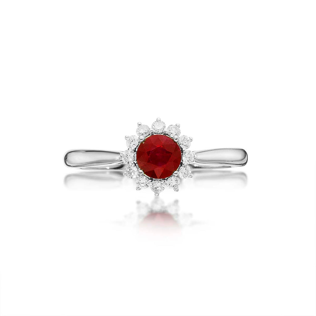 Ruby Ring 5mm Round Ruby & 0.18ct Diamond Halo 18K White Gold