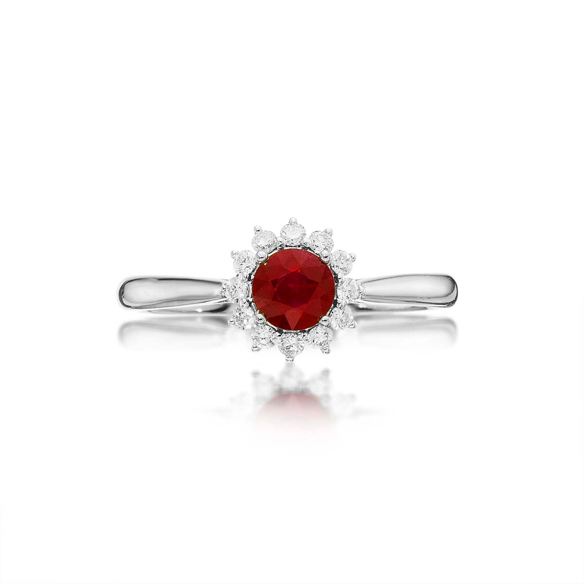 Ruby Ring 5mm Round Ruby & 0.18ct Diamond Halo 18K White Gold