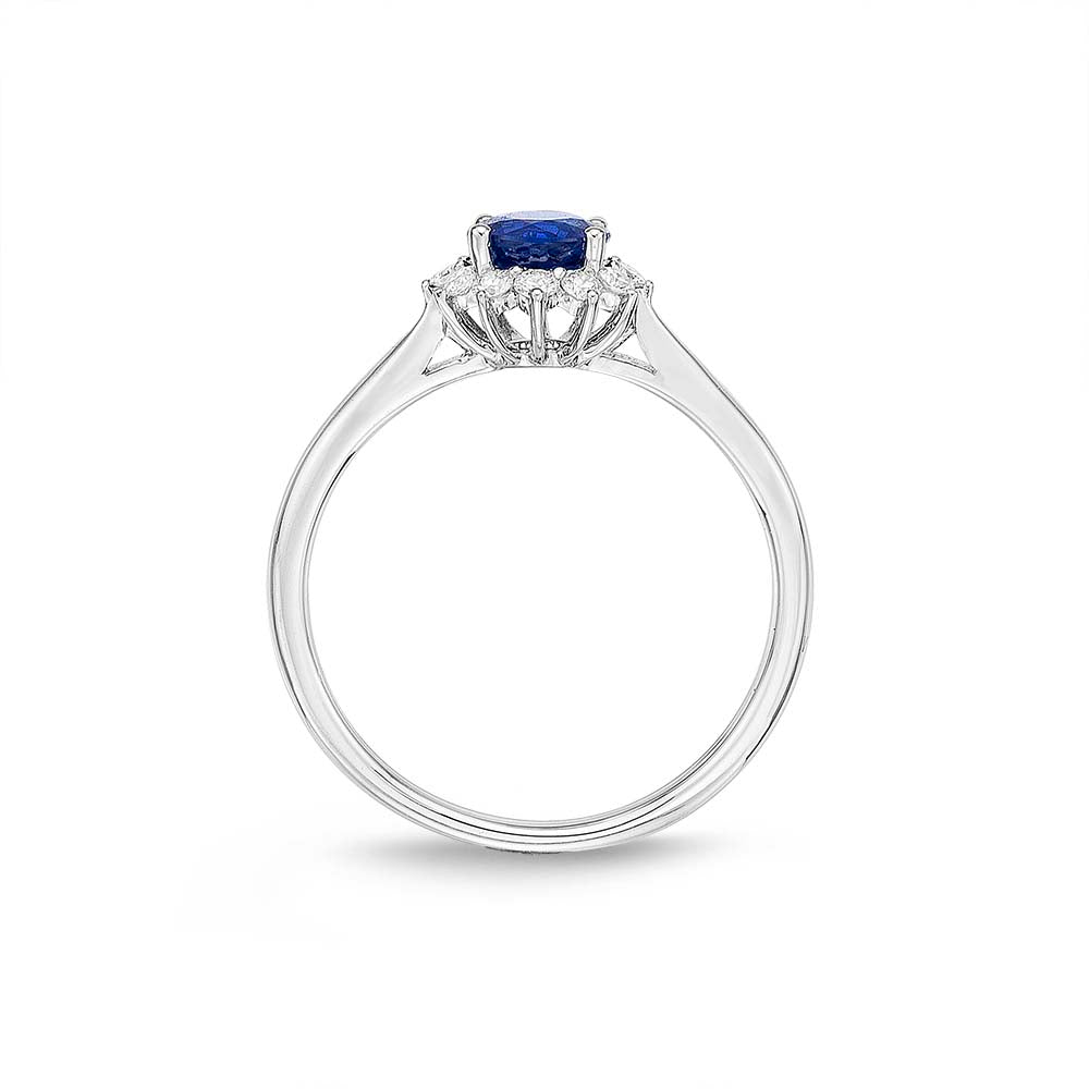 Sapphire Ring 5mm Blue Sapphire & 0.18ct Diamond Halo 18K White Gold