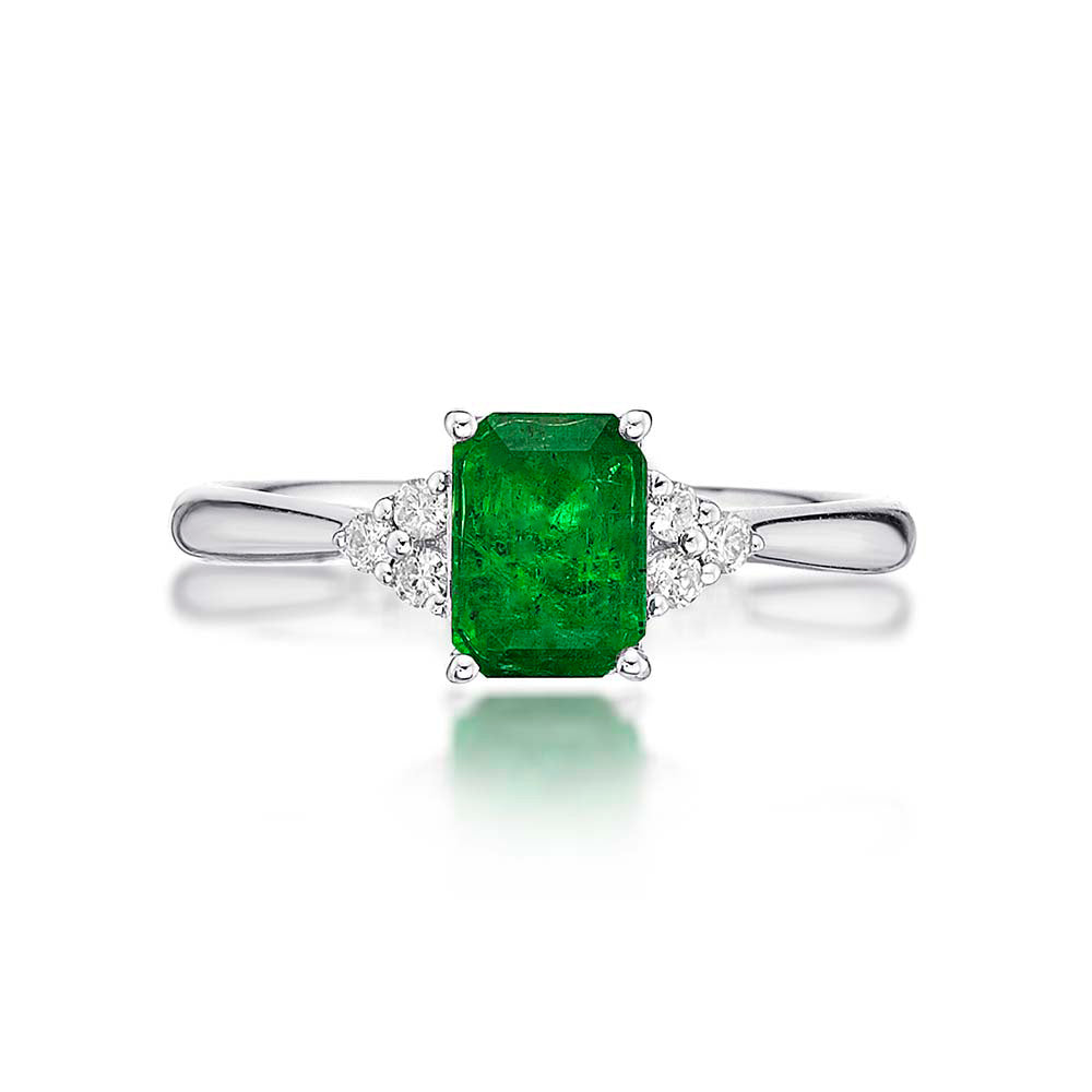 Emerald Ring 5x7mm Octagon Emerald & 0.10ct Diamonds 18K White Gold