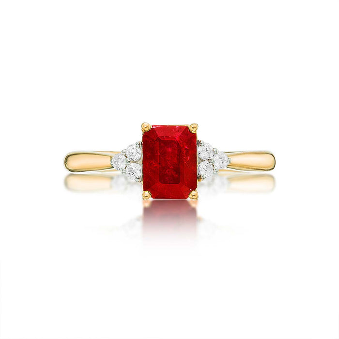 Ruby Ring 5x7mm Octagon Ruby & 0.10ct Diamonds 18K Yellow Gold