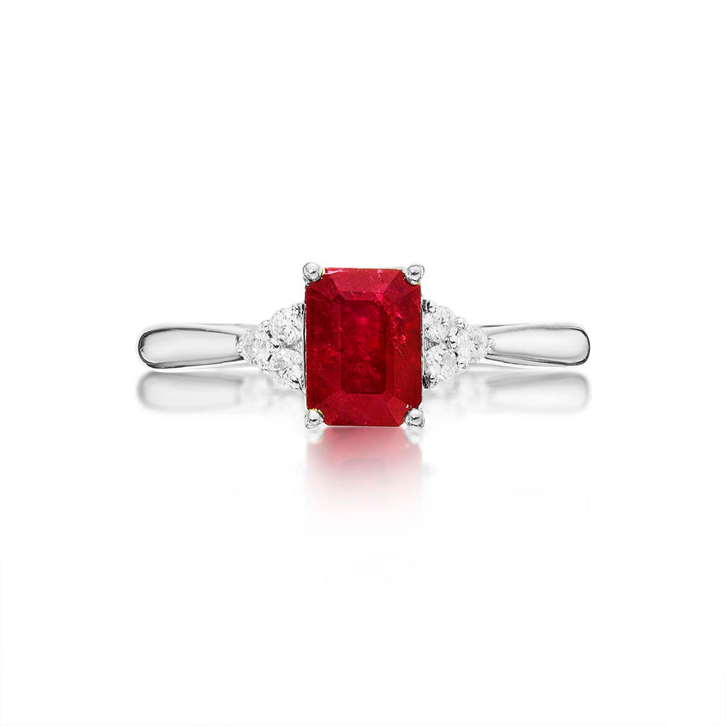 Ruby Ring 5x7mm Octagon Ruby & 0.10ct Diamonds 18K White Gold