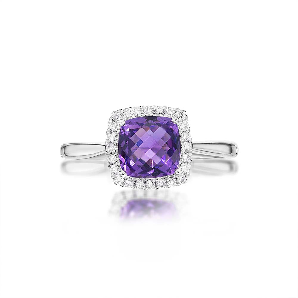 Amethyst Ring 7x7mm Cushion Amethyst 0.15ct Diamonds 18K White Gold