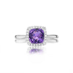 Amethyst Ring 7x7mm Cushion Amethyst 0.15ct Diamonds 18K White Gold
