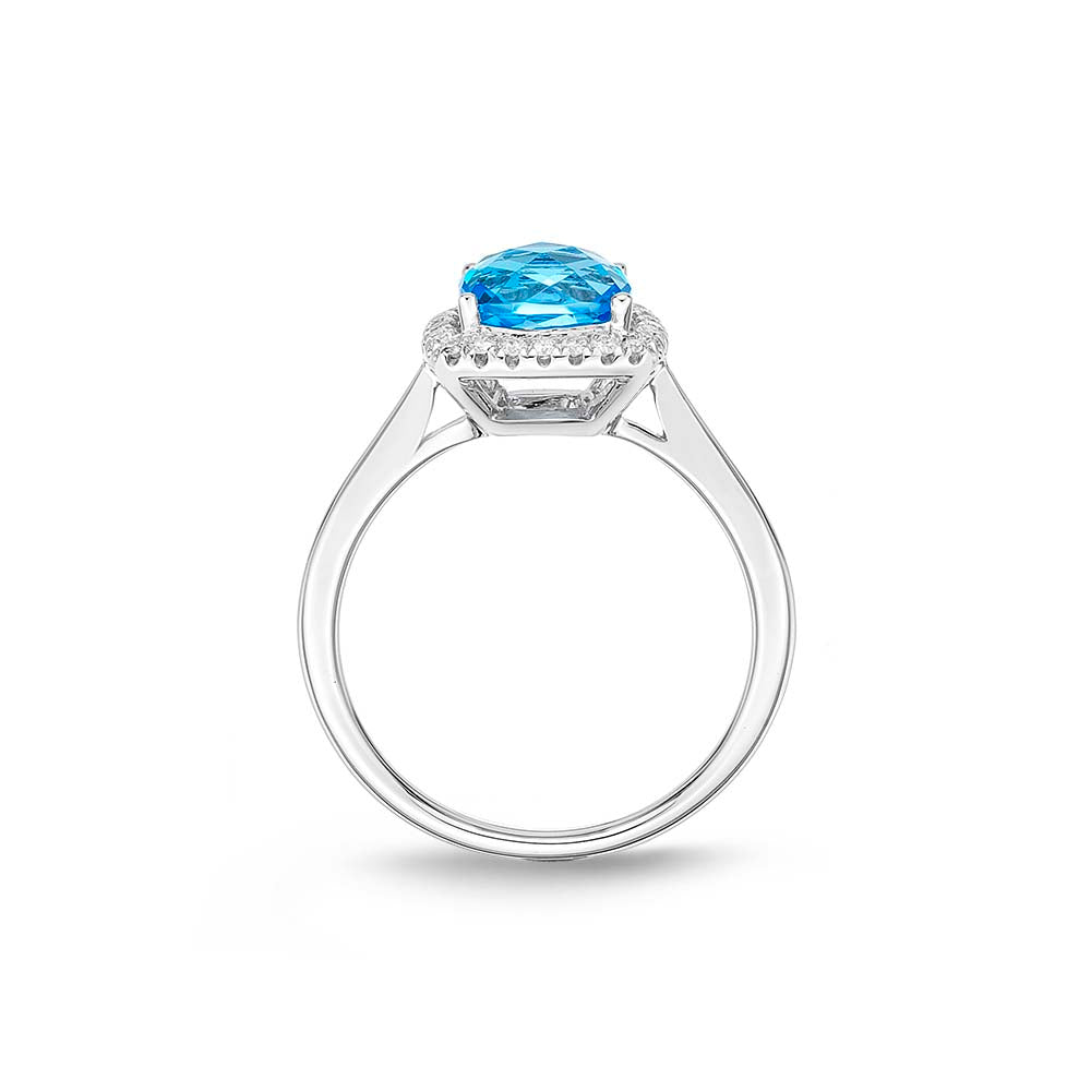 Blue Topaz Ring 7x7mm Cushion Topaz 0.15ct Diamonds 18K White Gold