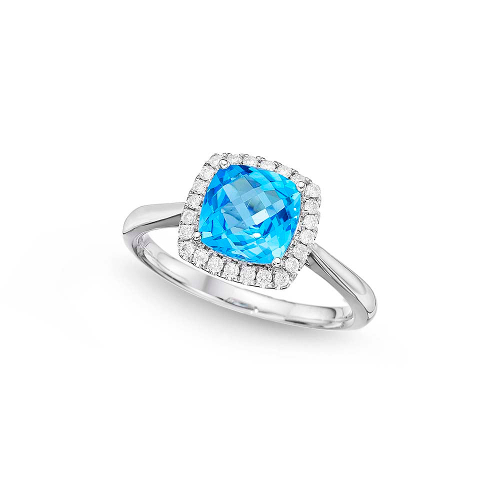 Blue Topaz Ring 7x7mm Cushion Topaz 0.15ct Diamonds 18K White Gold