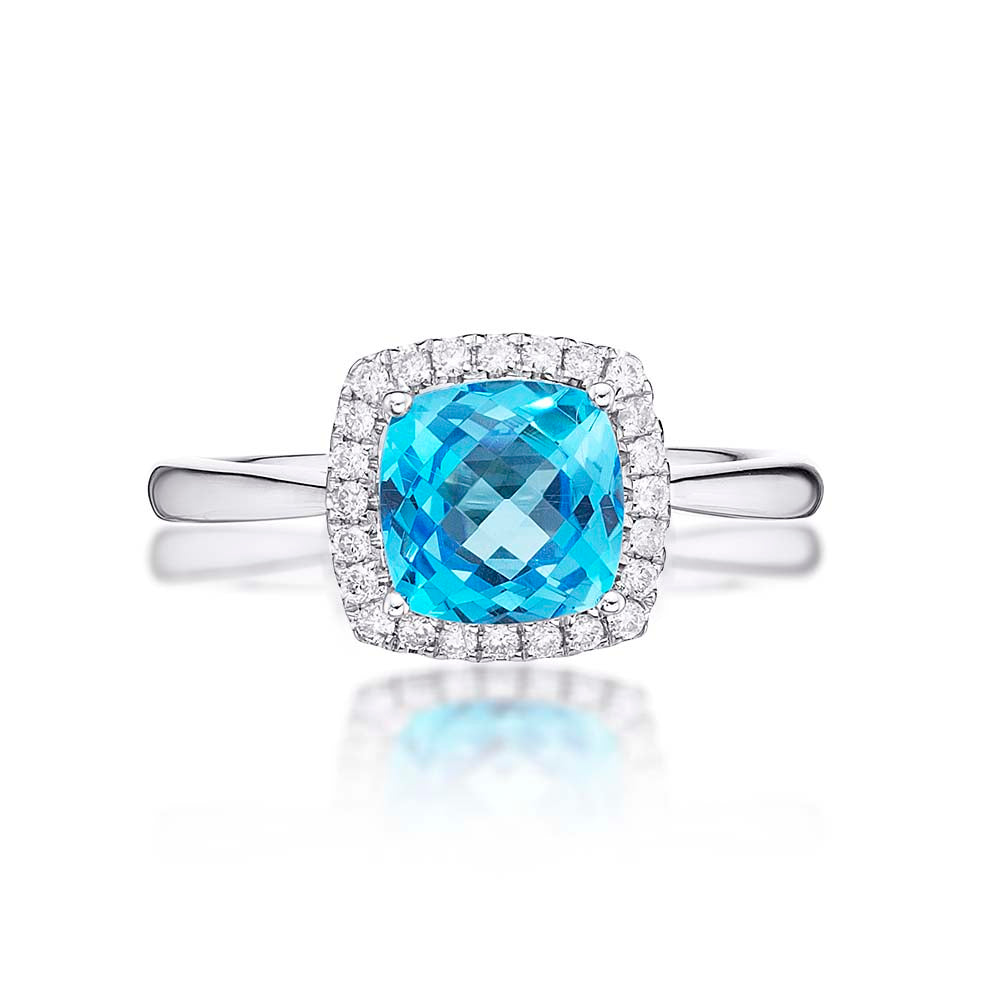 Blue Topaz Ring 7x7mm Cushion Topaz 0.15ct Diamonds 18K White Gold
