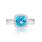 Blue Topaz Ring 7x7mm Cushion Topaz 0.15ct Diamonds 18K White Gold