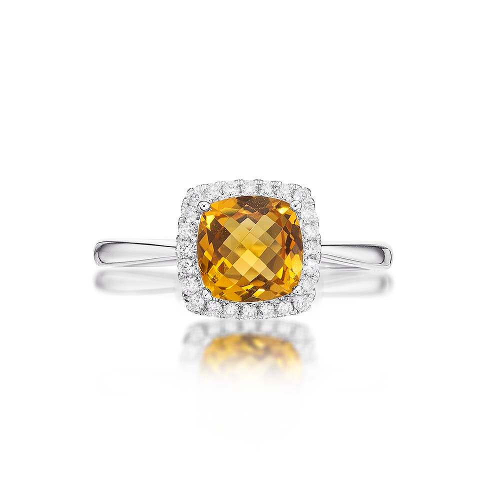 Citrine Ring 7x7mm Cushion Citrine 0.15ct Diamonds 18K White Gold