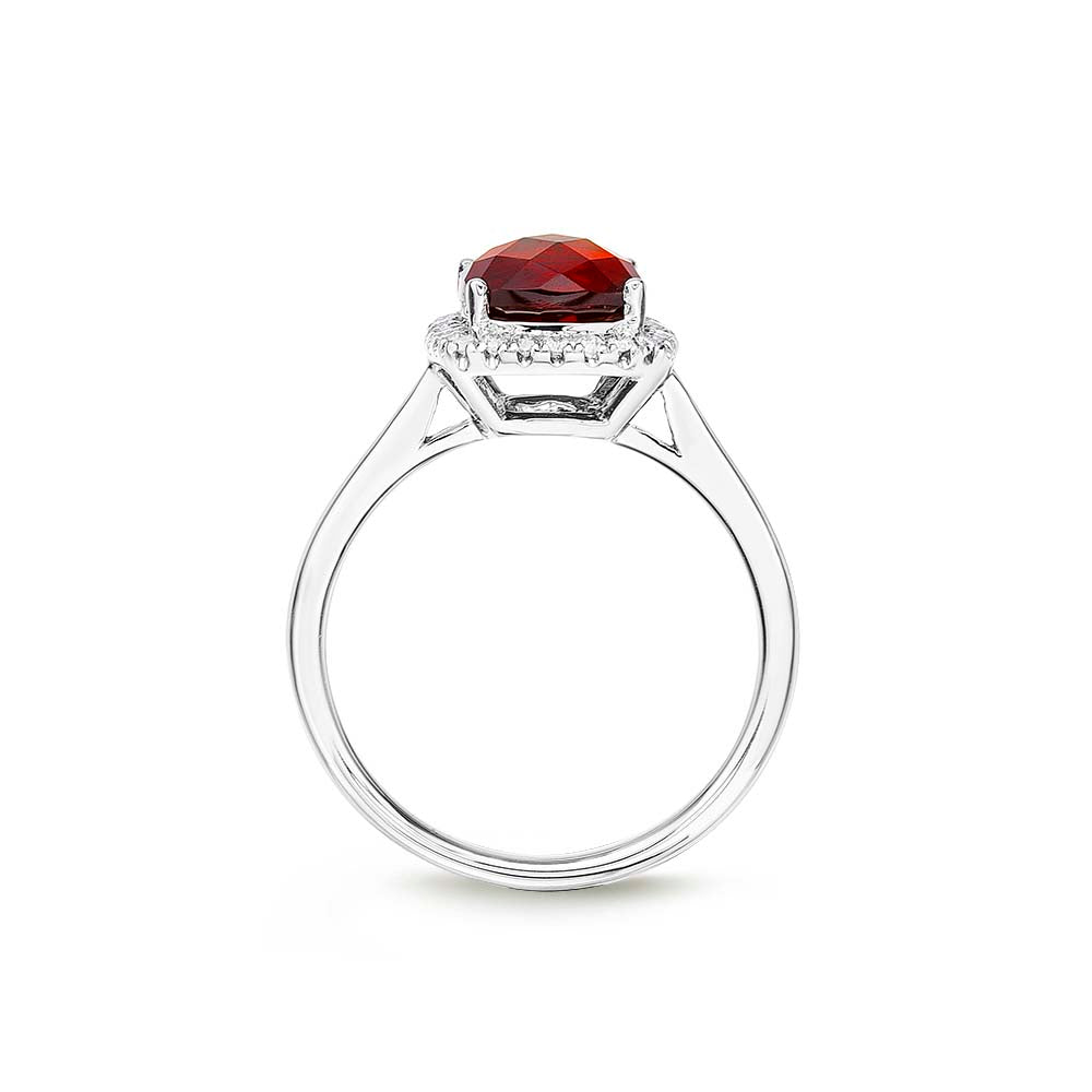 Garnet Ring 7x7mm Cushion Garnet 0.15ct Diamonds 18K White Gold