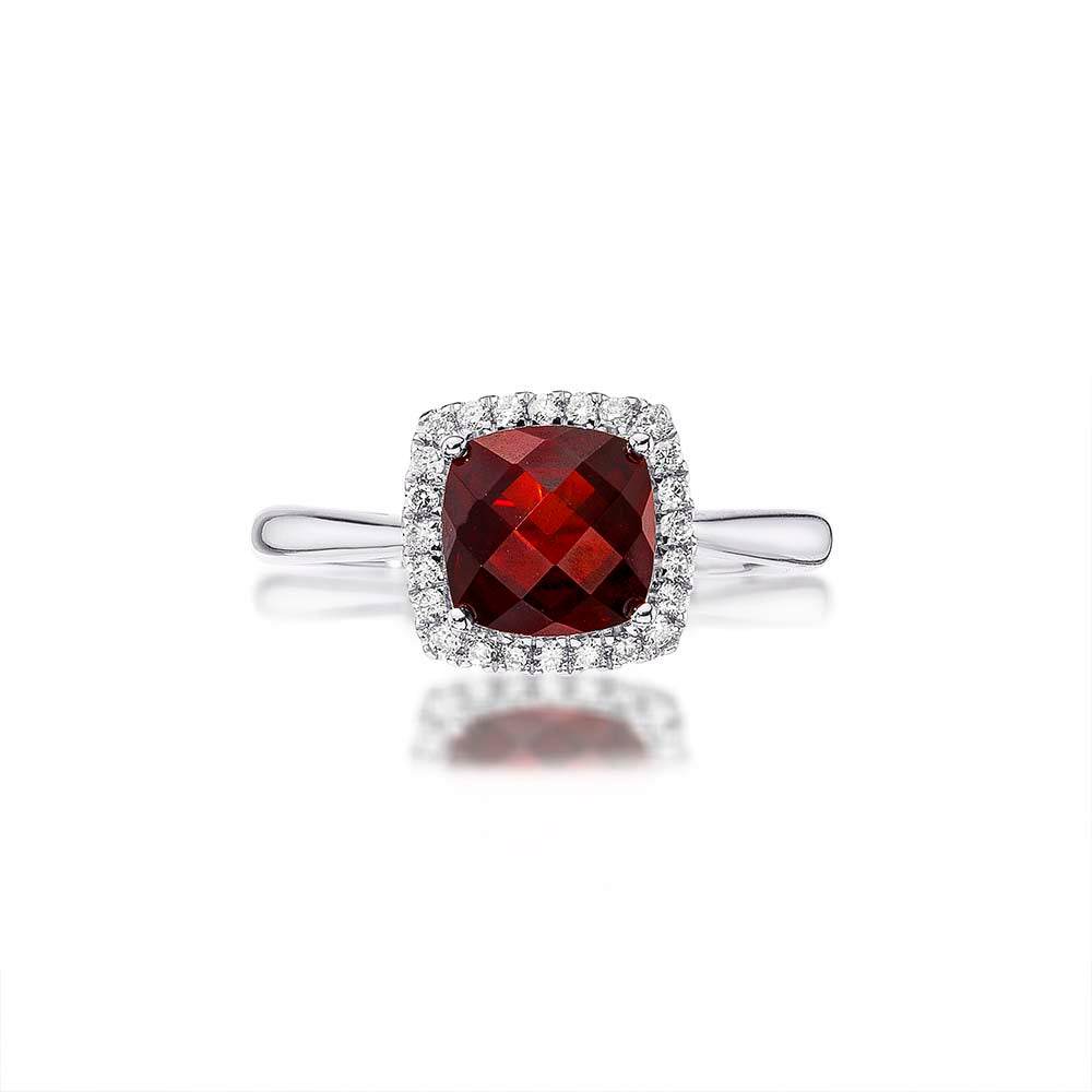 Garnet Ring 7x7mm Cushion Garnet 0.15ct Diamonds 18K White Gold
