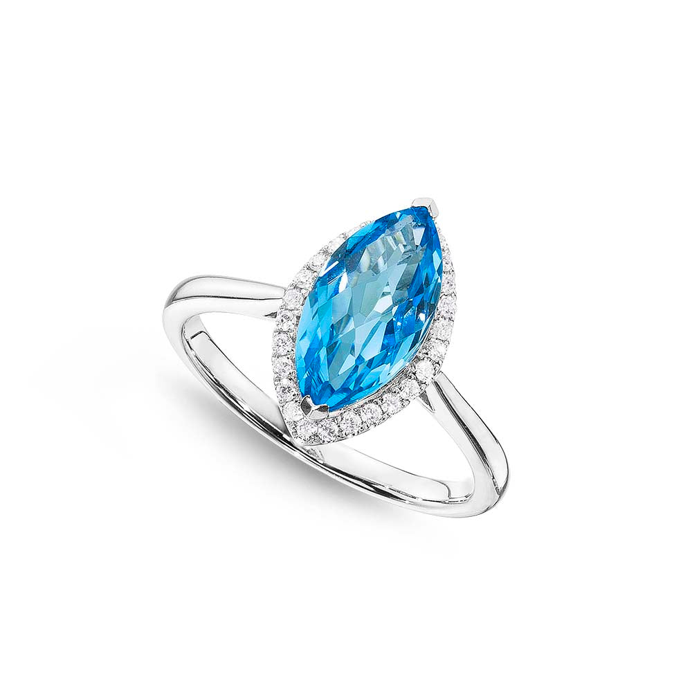 Marquise Blue Topaz Ring 6x12mm Topaz 0.13ct Diamonds 18K White Gold