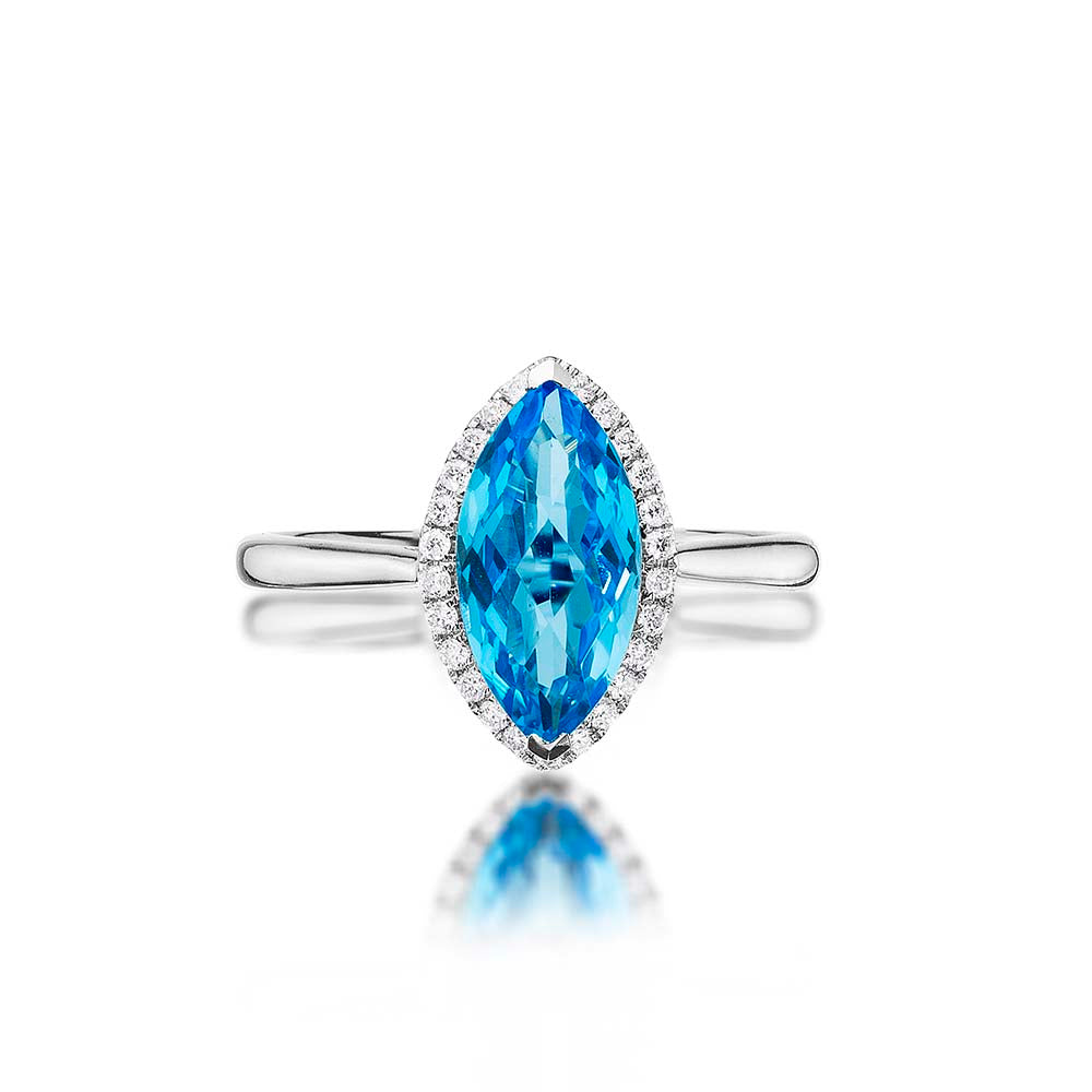 Marquise Blue Topaz Ring 6x12mm Topaz 0.13ct Diamonds 18K White Gold