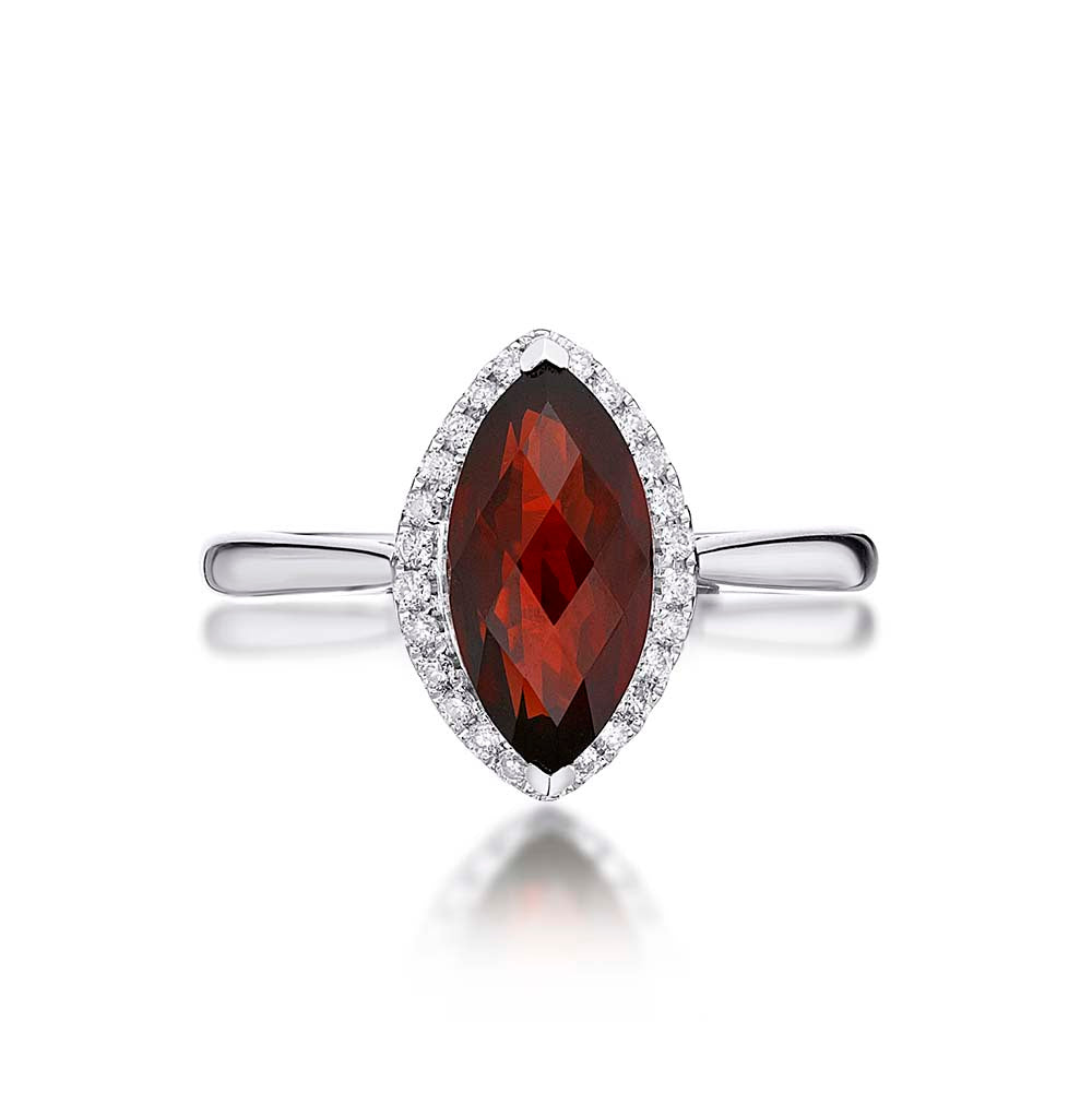 Marquise Garnet Ring 6x12mm Garnet 0.13ct Diamonds 18K White Gold