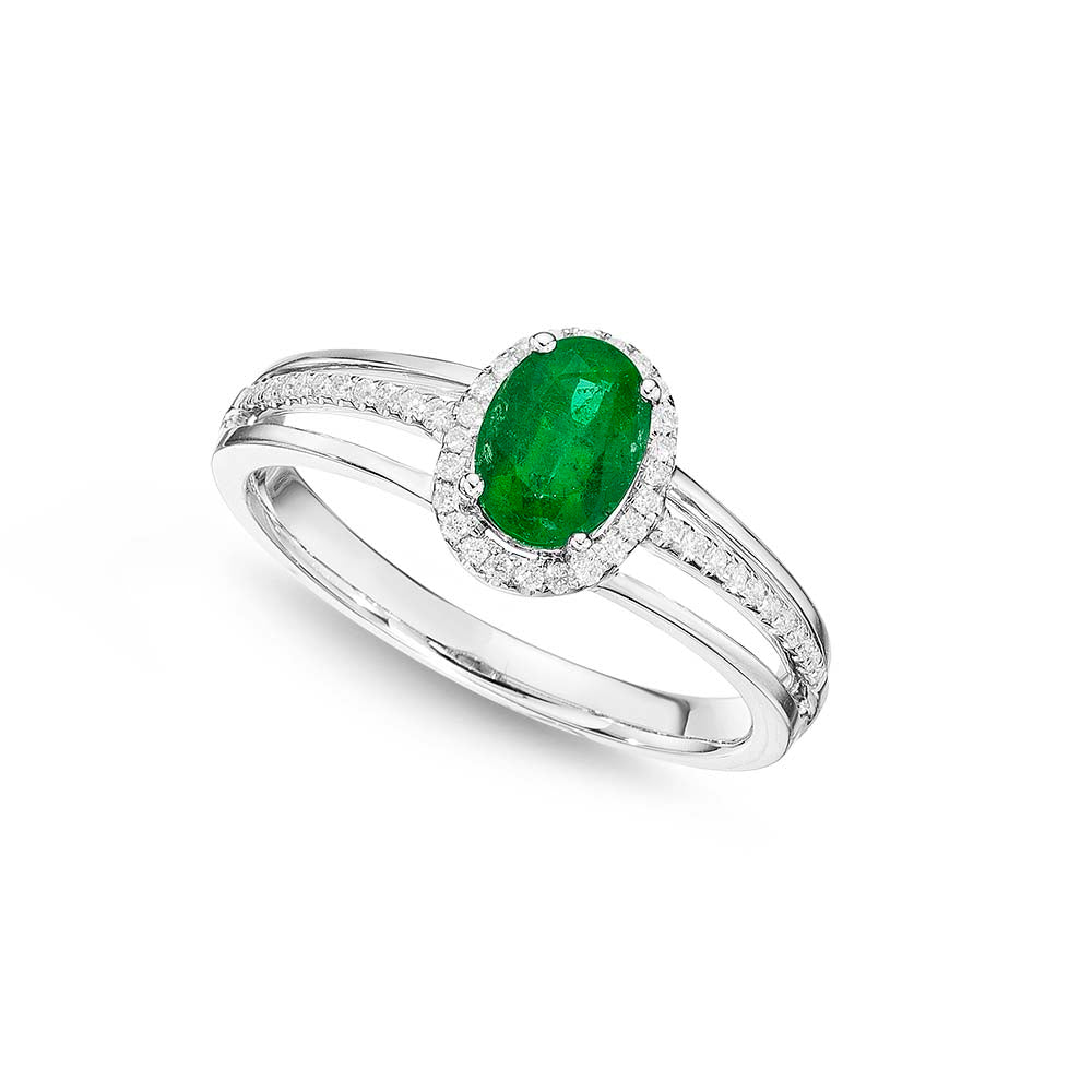 Emerald Ring 5x7mm Oval Emerald & 0.14ct Diamonds in 18K White Gold 