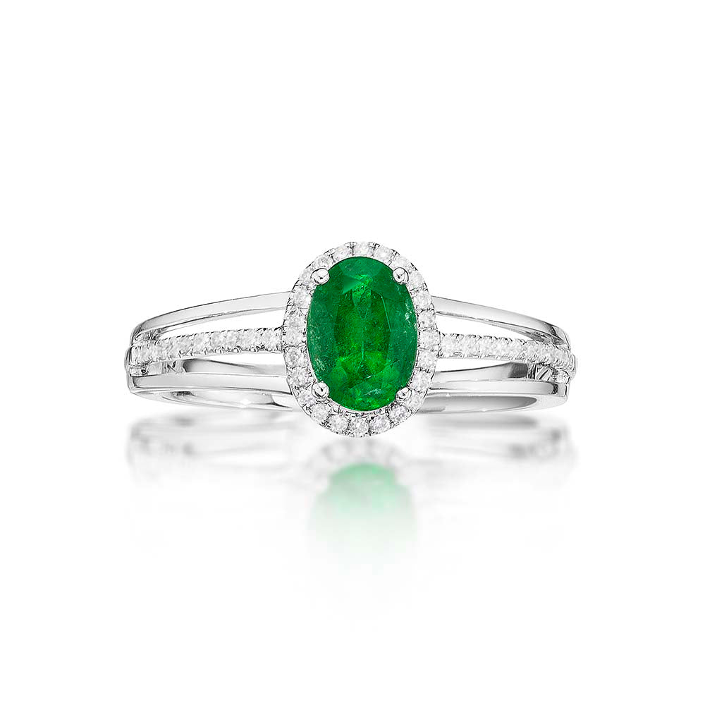 Emerald Ring 5x7mm Oval Emerald & 0.14ct Diamonds in 18K White Gold 