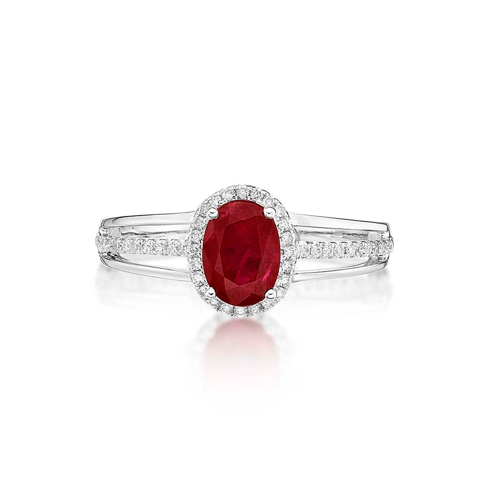 Ruby Ring 5x7mm Oval Ruby & 0.14ct Diamonds in 18K White Gold
