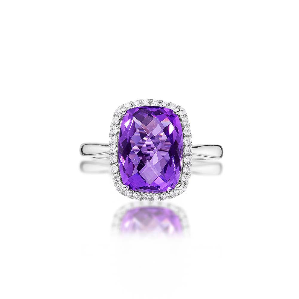 Cushion Amethyst Ring 9x12mm Amethyst & 0.21ct Diamonds 18K White Gold