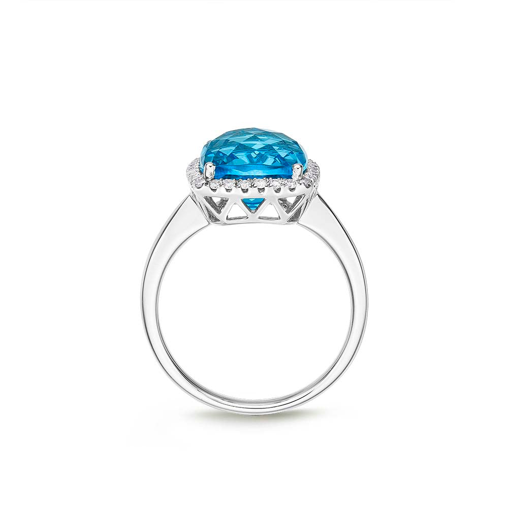 Cushion Blue Topaz Ring 9x12mm Topaz & 0.21ct Diamonds 18K White Gold