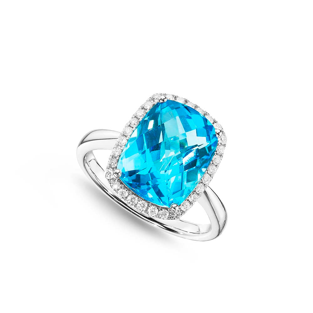 Cushion Blue Topaz Ring 9x12mm Topaz & 0.21ct Diamonds 18K White Gold