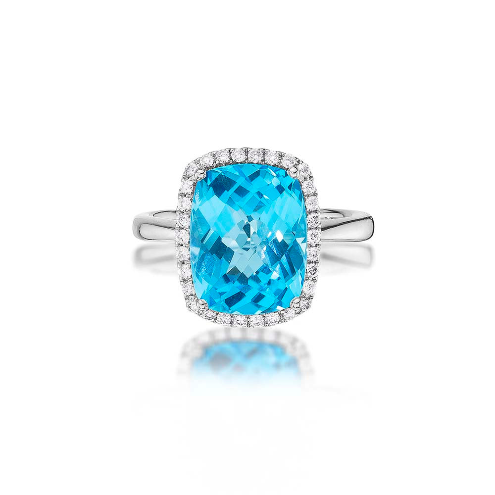 Cushion Blue Topaz Ring 9x12mm Topaz & 0.21ct Diamonds 18K White Gold