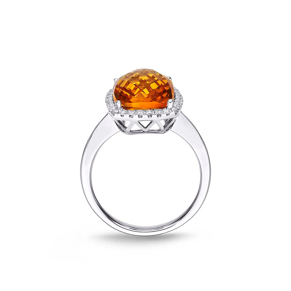 Cushion Citrine Ring 9x12mm Citrine & 0.21ct Diamonds 18K White Gold