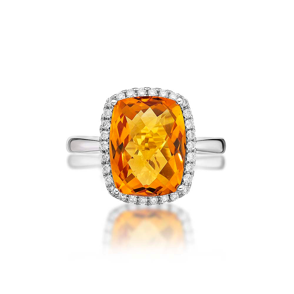 Cushion Citrine Ring 9x12mm Citrine & 0.21ct Diamonds 18K White Gold
