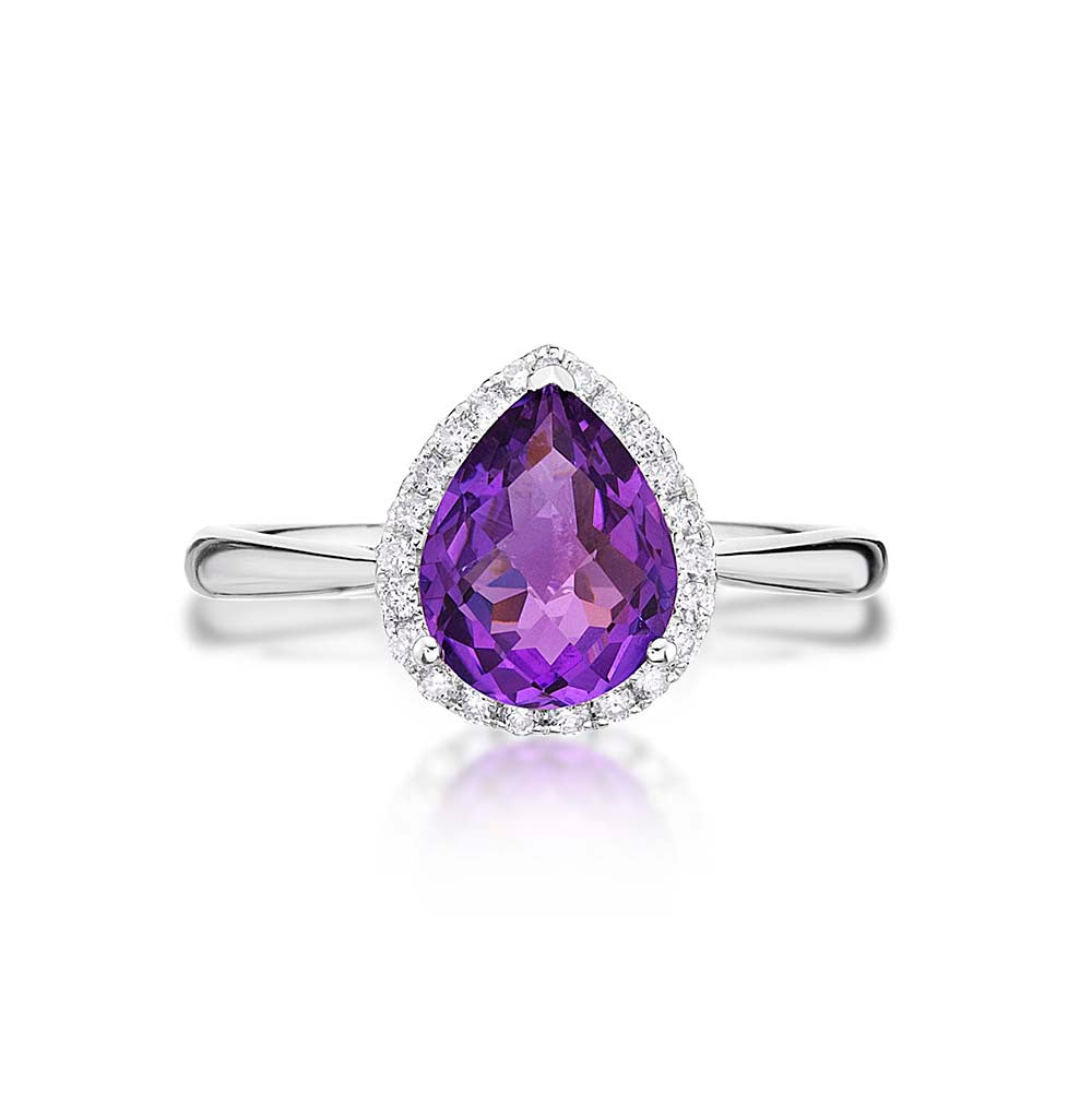 Pear Amethyst Ring 7x9mm Amethyst & 0.14ct Diamonds 18K White Gold