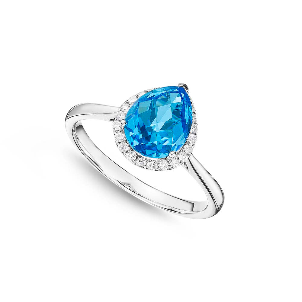 Pear Blue Topaz Ring 7x9mm Topaz & 0.14ct Diamonds 18K White Gold