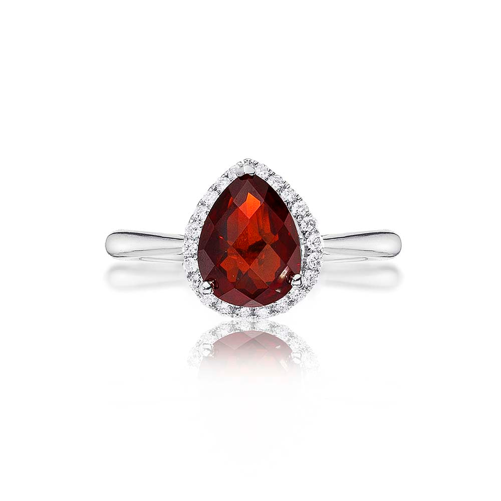 Pear Garnet Ring 7x9mm Garnet & 0.14ct Diamonds 18K White Gold