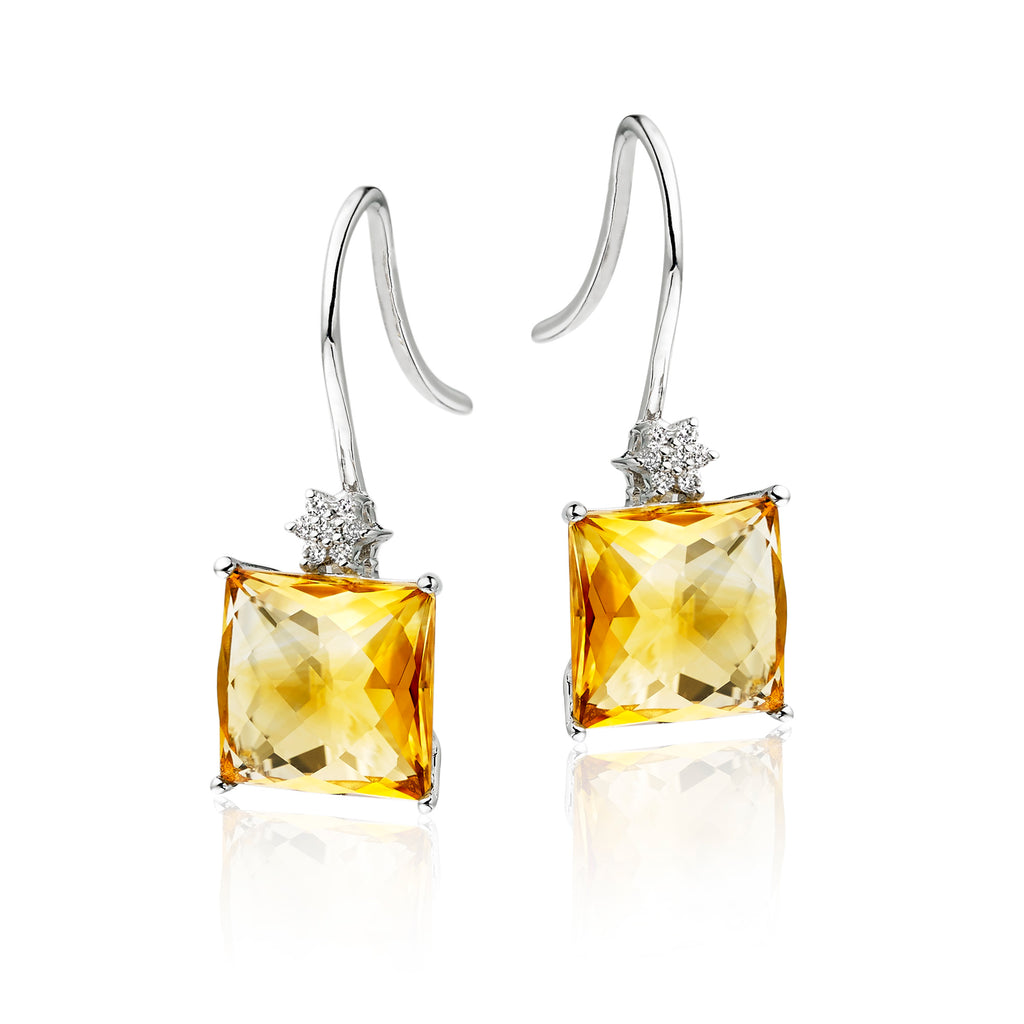 9mm x 9mm Citrine and 0.06ct diamond earrings in 9K white gold
