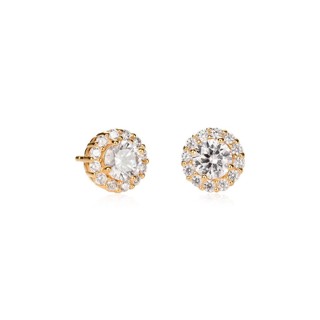 Gold Plated Sterling Silver Round Cubic Zirconia Halo Stud Earrings