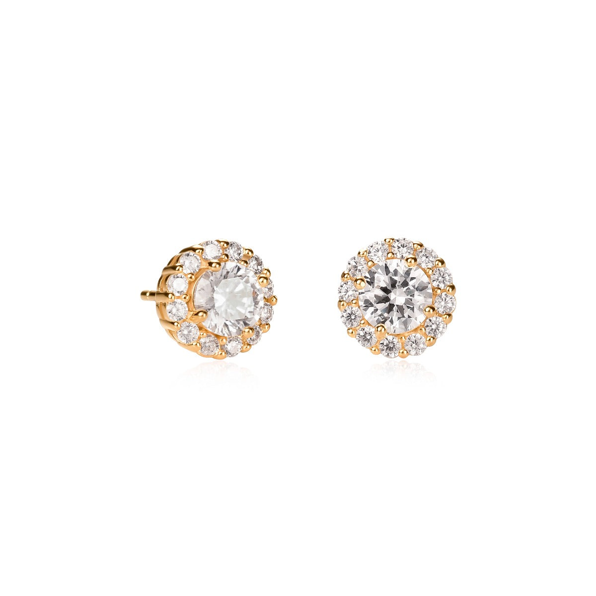 Gold Plated Sterling Silver Round Cubic Zirconia Halo Stud Earrings
