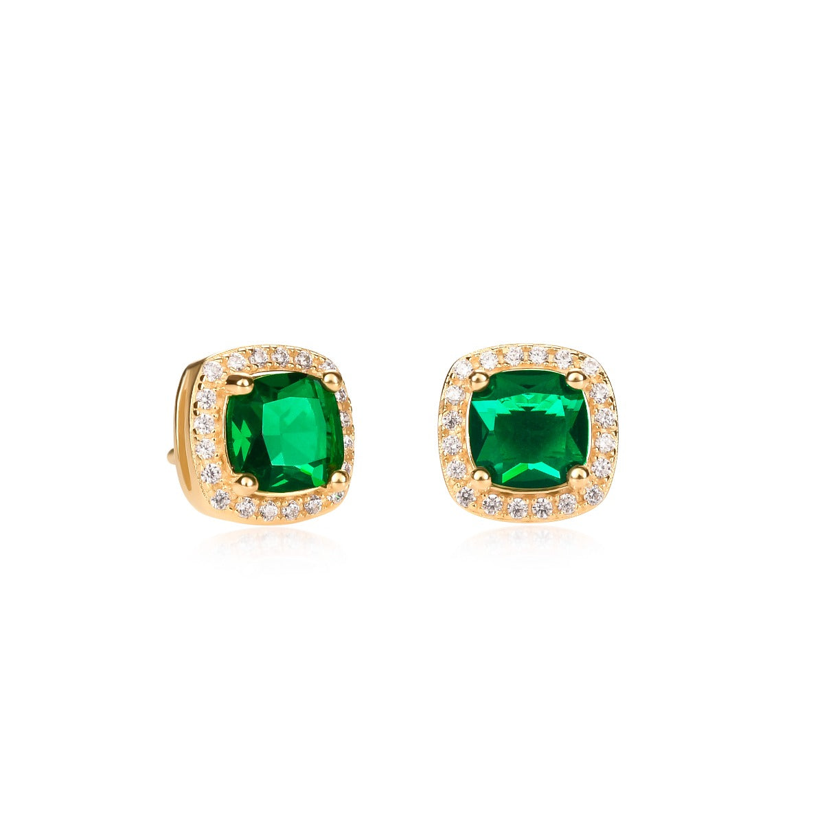 Gold Plated Sterling Silver Cushion Shaped Green Halo Stud Earrings