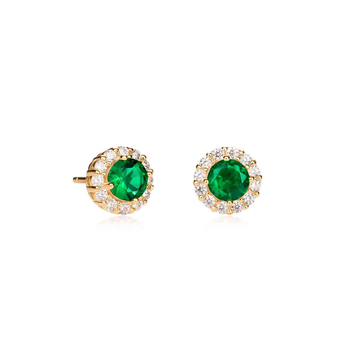 Gold Plated Sterling Silver Green Round Halo Stud Earrings