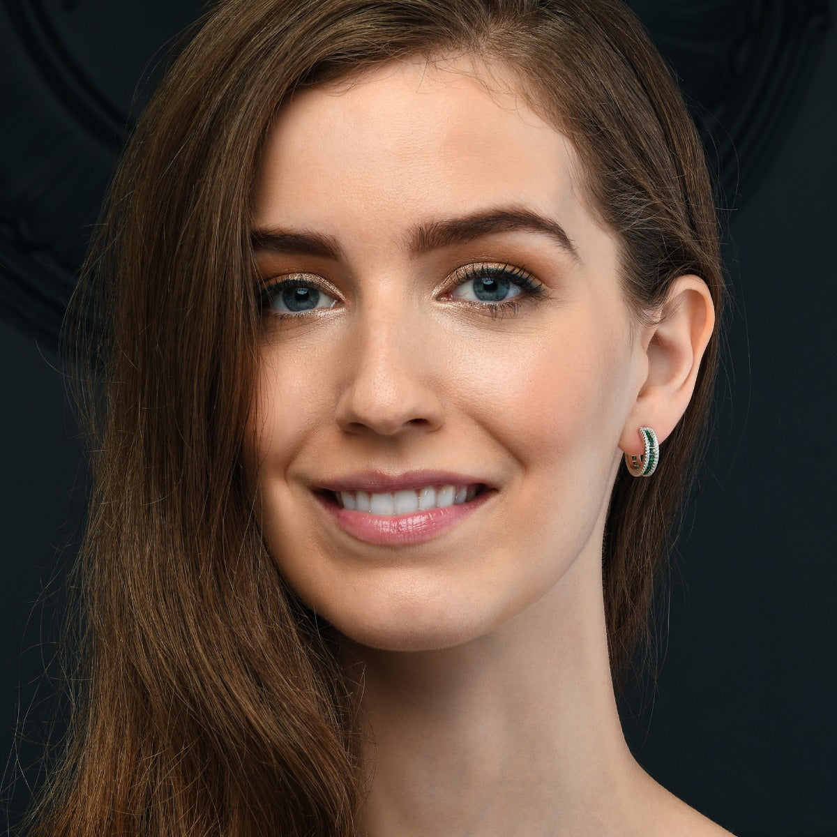 Sterling Silver Green Hoop Earrings with Cubic Zirconia Stones