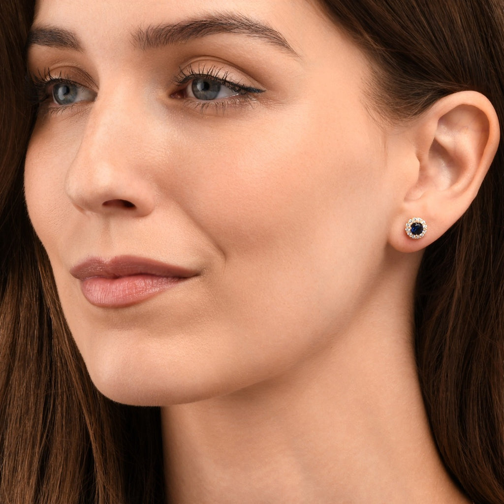 Gold Plated Sterling Silver Dark Blue Round Halo Stud Earrings