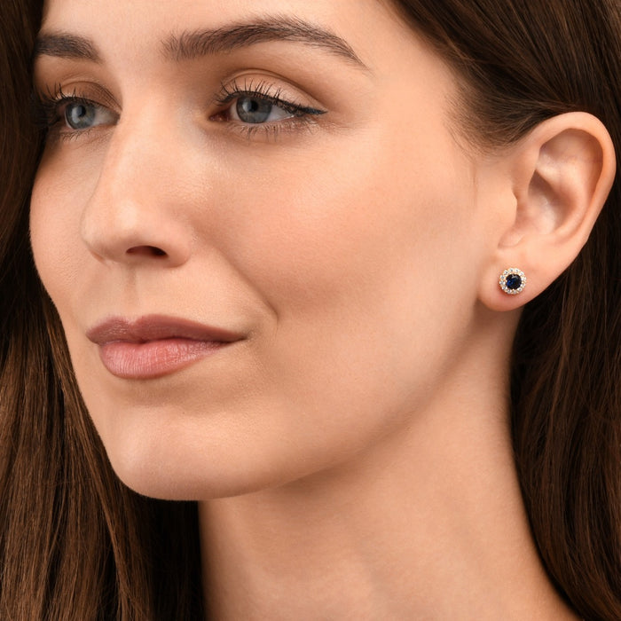 Gold Plated Sterling Silver Blue Round Halo Stud Earrings